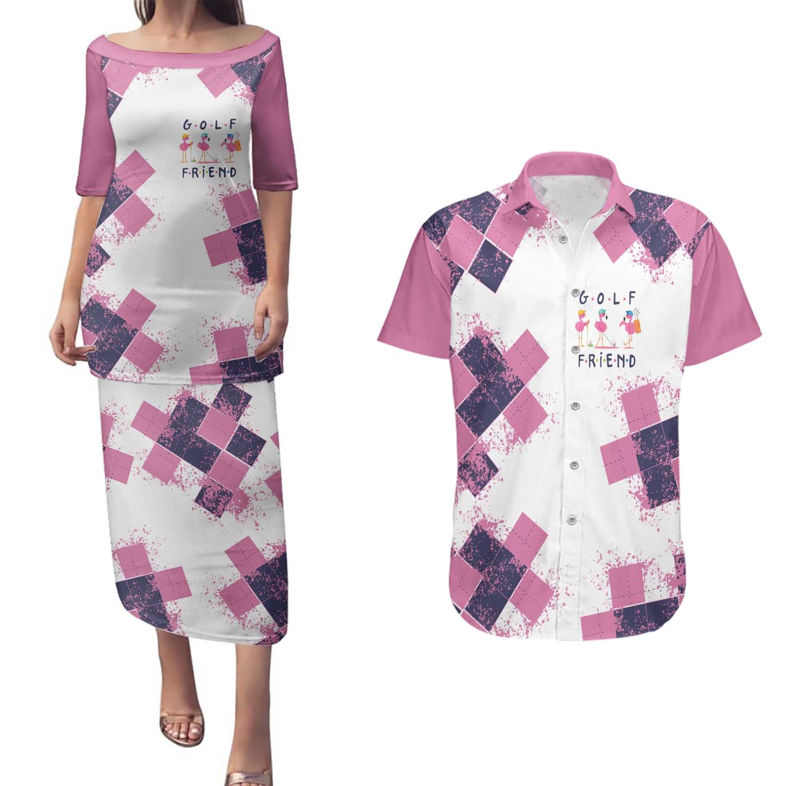 Golf Flamingo Friends Couples Matching Puletasi and Hawaiian Shirt Pink Argyle Pattern and Custom Name Text on White and Rose Color Block - Wonder Print Shop