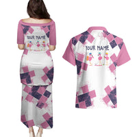 Golf Flamingo Friends Couples Matching Puletasi and Hawaiian Shirt Pink Argyle Pattern and Custom Name Text on White and Rose Color Block - Wonder Print Shop