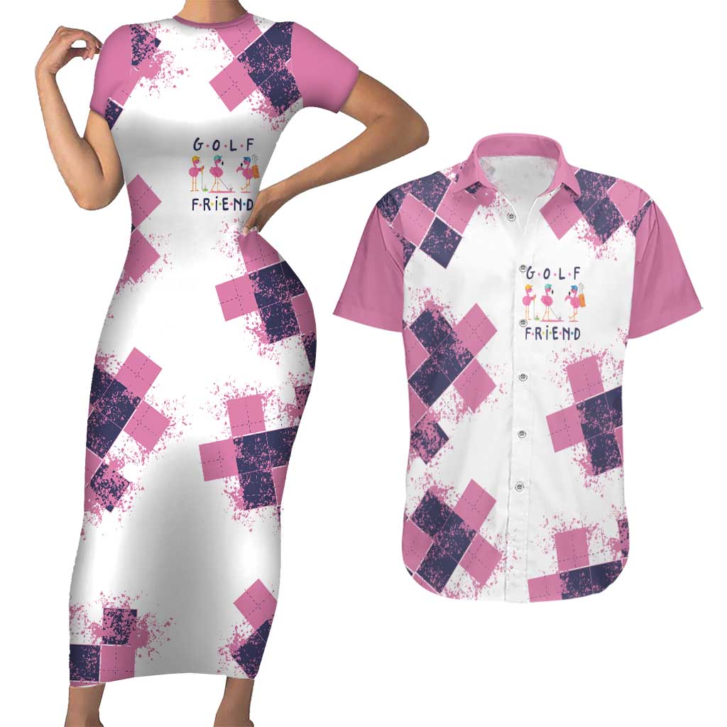 Golf Flamingo Friends Couples Matching Short Sleeve Bodycon Dress and Hawaiian Shirt Pink Argyle Pattern and Custom Name Text on White and Rose Color Block - Wonder Print Shop