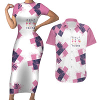 Golf Flamingo Friends Couples Matching Short Sleeve Bodycon Dress and Hawaiian Shirt Pink Argyle Pattern and Custom Name Text on White and Rose Color Block - Wonder Print Shop