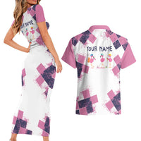 Golf Flamingo Friends Couples Matching Short Sleeve Bodycon Dress and Hawaiian Shirt Pink Argyle Pattern and Custom Name Text on White and Rose Color Block - Wonder Print Shop