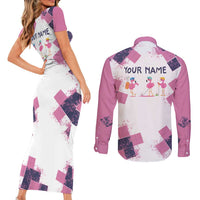 Golf Flamingo Friends Couples Matching Short Sleeve Bodycon Dress and Long Sleeve Button Shirt Pink Argyle Pattern and Custom Name Text on White and Rose Color Block - Wonder Print Shop