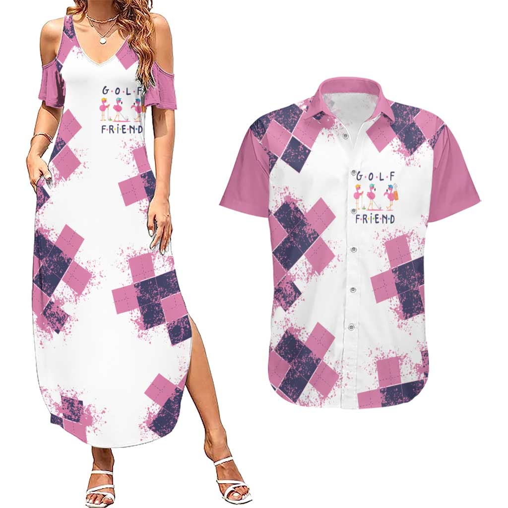 Golf Flamingo Friends Couples Matching Summer Maxi Dress and Hawaiian Shirt Pink Argyle Pattern and Custom Name Text on White and Rose Color Block - Wonder Print Shop