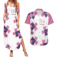 Golf Flamingo Friends Couples Matching Summer Maxi Dress and Hawaiian Shirt Pink Argyle Pattern and Custom Name Text on White and Rose Color Block - Wonder Print Shop