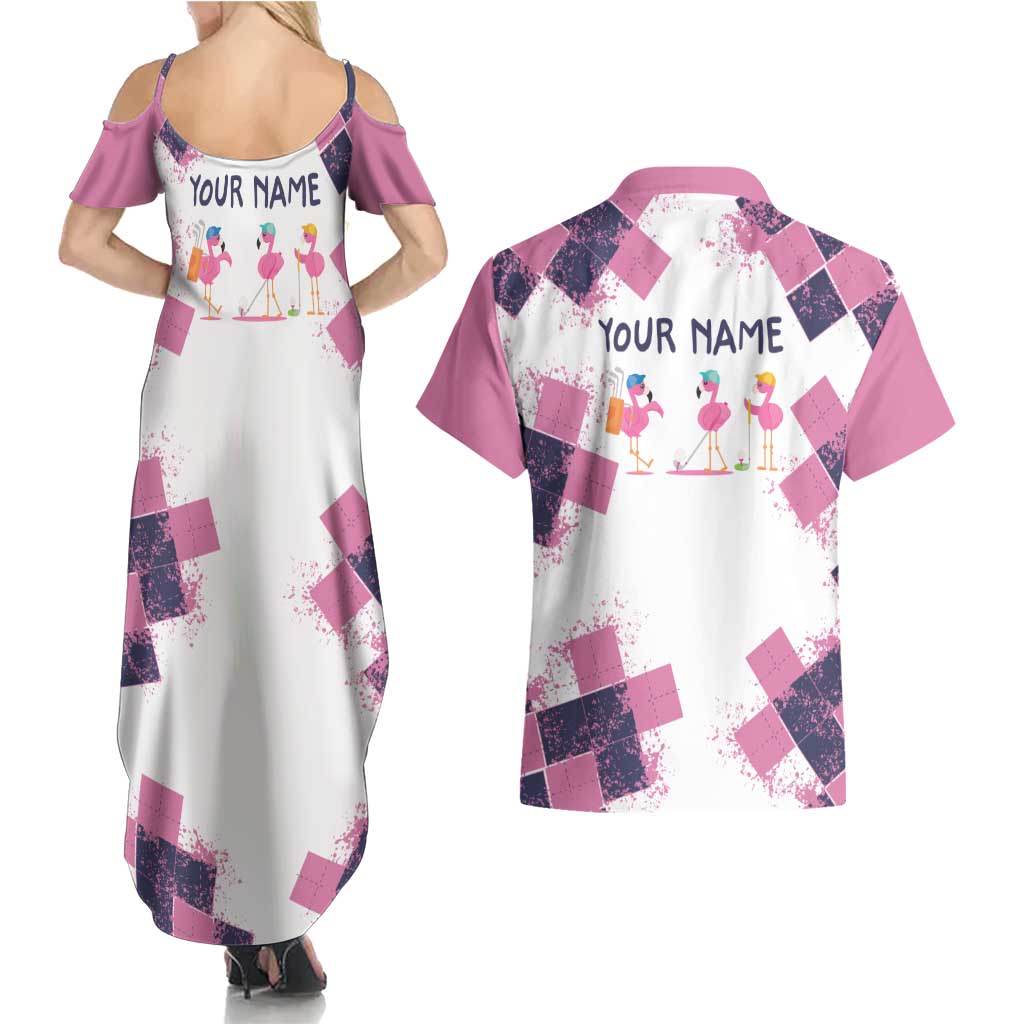 Golf Flamingo Friends Couples Matching Summer Maxi Dress and Hawaiian Shirt Pink Argyle Pattern and Custom Name Text on White and Rose Color Block - Wonder Print Shop