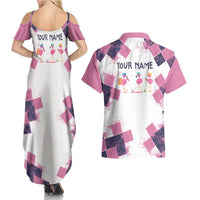 Golf Flamingo Friends Couples Matching Summer Maxi Dress and Hawaiian Shirt Pink Argyle Pattern and Custom Name Text on White and Rose Color Block - Wonder Print Shop