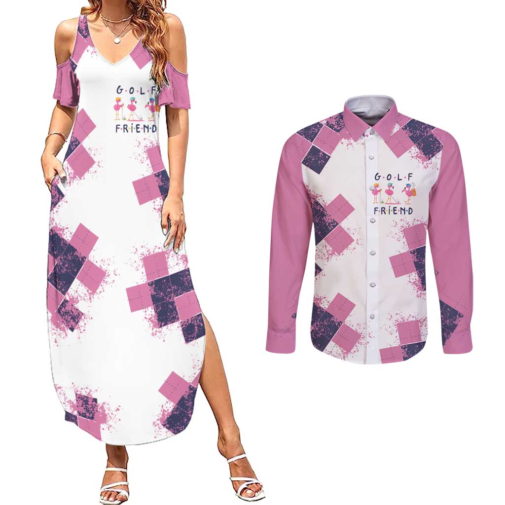 Golf Flamingo Friends Couples Matching Summer Maxi Dress and Long Sleeve Button Shirt Pink Argyle Pattern and Custom Name Text on White and Rose Color Block - Wonder Print Shop