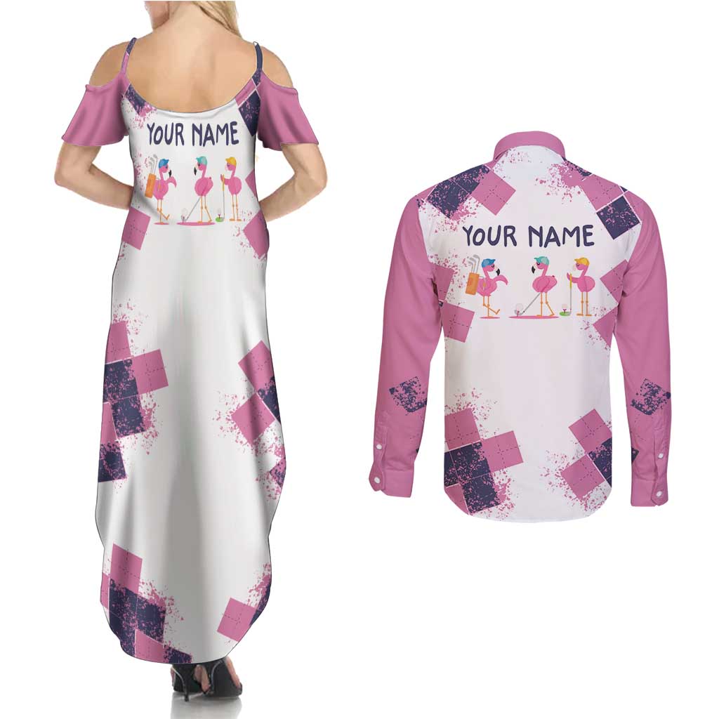 Golf Flamingo Friends Couples Matching Summer Maxi Dress and Long Sleeve Button Shirt Pink Argyle Pattern and Custom Name Text on White and Rose Color Block - Wonder Print Shop