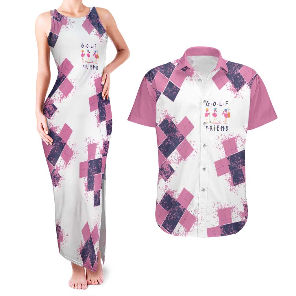 Golf Flamingo Friends Couples Matching Tank Maxi Dress and Hawaiian Shirt Pink Argyle Pattern and Custom Name Text on White and Rose Color Block - Wonder Print Shop