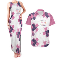 Golf Flamingo Friends Couples Matching Tank Maxi Dress and Hawaiian Shirt Pink Argyle Pattern and Custom Name Text on White and Rose Color Block - Wonder Print Shop
