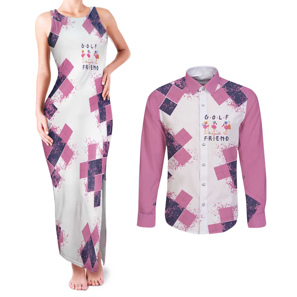 Golf Flamingo Friends Couples Matching Tank Maxi Dress and Long Sleeve Button Shirt Pink Argyle Pattern and Custom Name Text on White and Rose Color Block - Wonder Print Shop