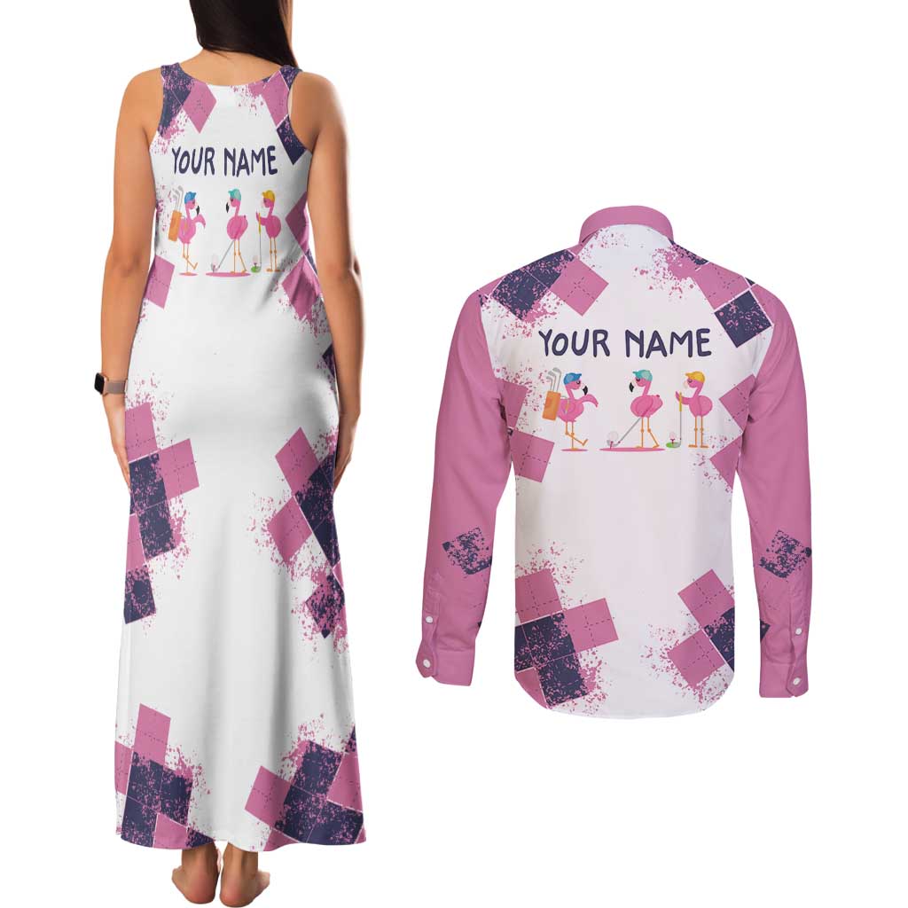 Golf Flamingo Friends Couples Matching Tank Maxi Dress and Long Sleeve Button Shirt Pink Argyle Pattern and Custom Name Text on White and Rose Color Block - Wonder Print Shop