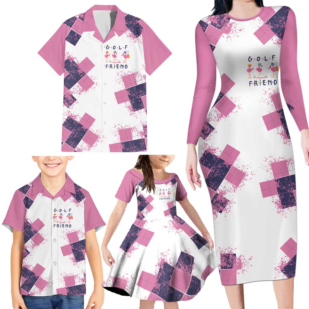 Golf Flamingo Friends Family Matching Long Sleeve Bodycon Dress and Hawaiian Shirt Pink Argyle Pattern and Custom Name Text on White and Rose Color Block - Wonder Print Shop