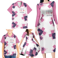 Golf Flamingo Friends Family Matching Long Sleeve Bodycon Dress and Hawaiian Shirt Pink Argyle Pattern and Custom Name Text on White and Rose Color Block - Wonder Print Shop