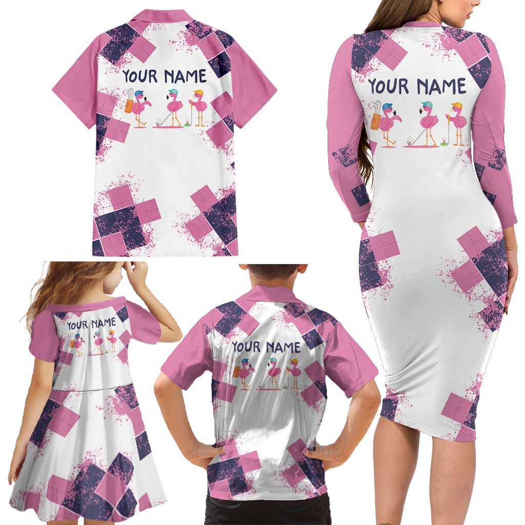 Golf Flamingo Friends Family Matching Long Sleeve Bodycon Dress and Hawaiian Shirt Pink Argyle Pattern and Custom Name Text on White and Rose Color Block - Wonder Print Shop