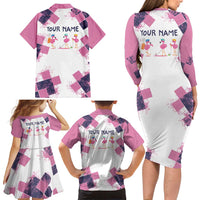 Golf Flamingo Friends Family Matching Long Sleeve Bodycon Dress and Hawaiian Shirt Pink Argyle Pattern and Custom Name Text on White and Rose Color Block - Wonder Print Shop