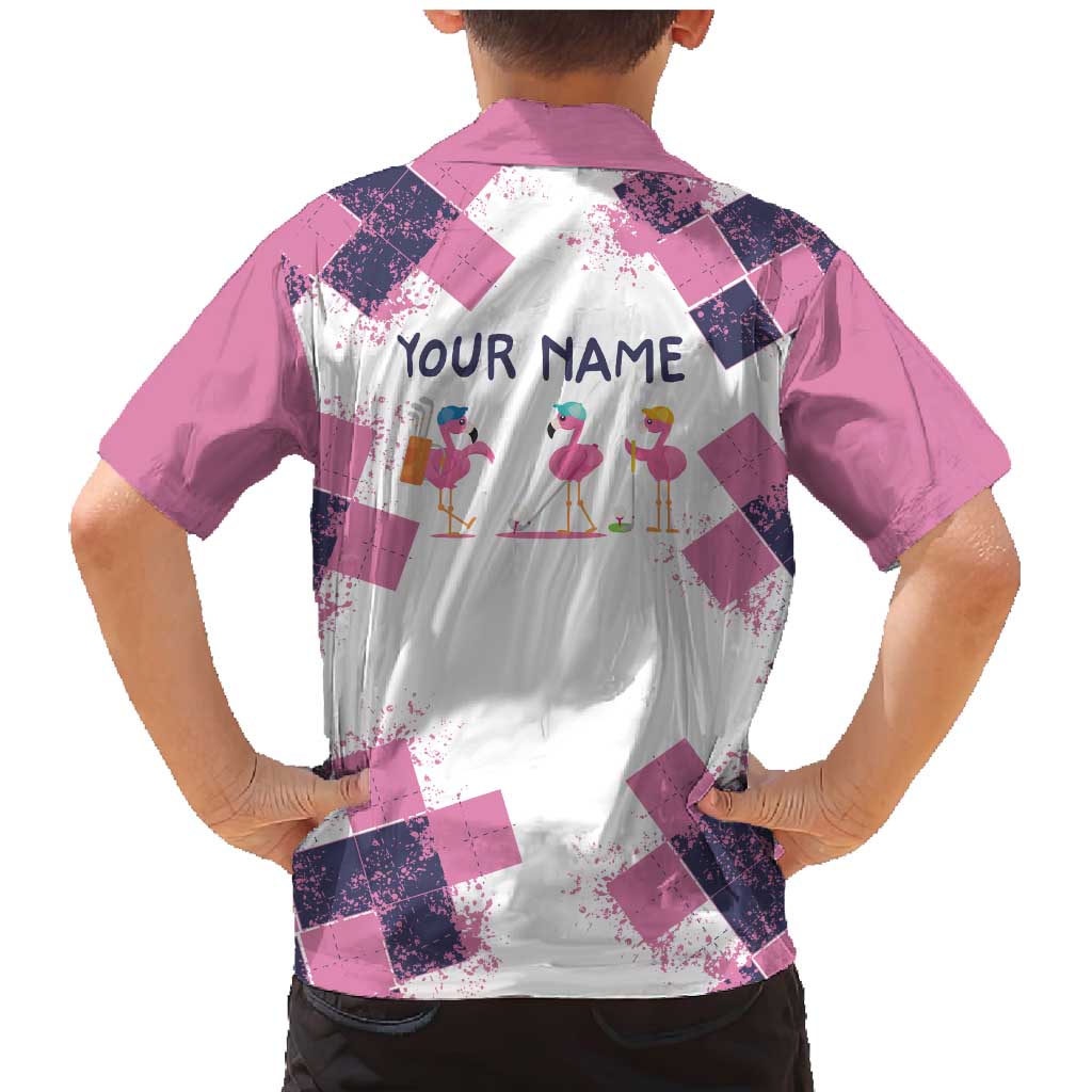 Golf Flamingo Friends Family Matching Mermaid Dress and Hawaiian Shirt Pink Argyle Pattern and Custom Name Text on White and Rose Color Block - Wonder Print Shop