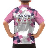 Golf Flamingo Friends Family Matching Mermaid Dress and Hawaiian Shirt Pink Argyle Pattern and Custom Name Text on White and Rose Color Block - Wonder Print Shop