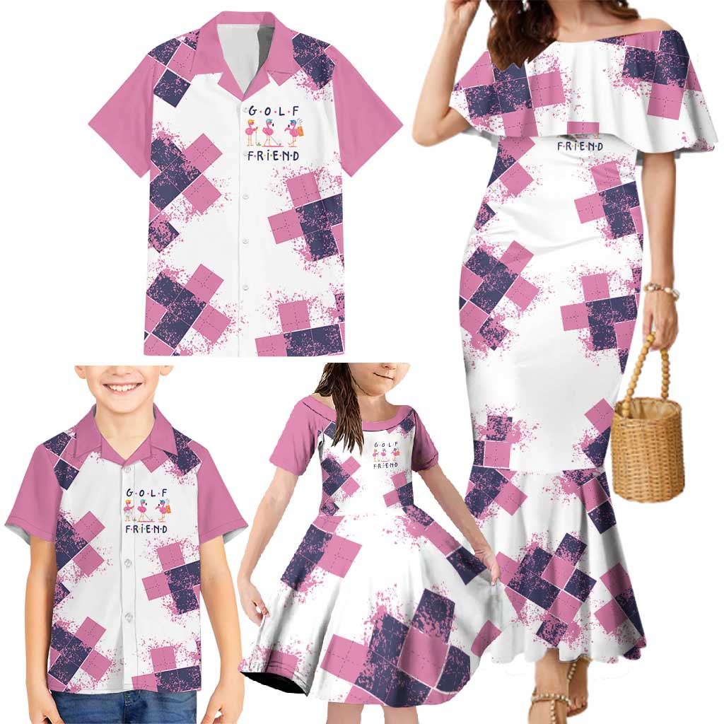 Golf Flamingo Friends Family Matching Mermaid Dress and Hawaiian Shirt Pink Argyle Pattern and Custom Name Text on White and Rose Color Block - Wonder Print Shop