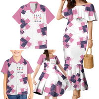 Golf Flamingo Friends Family Matching Mermaid Dress and Hawaiian Shirt Pink Argyle Pattern and Custom Name Text on White and Rose Color Block - Wonder Print Shop