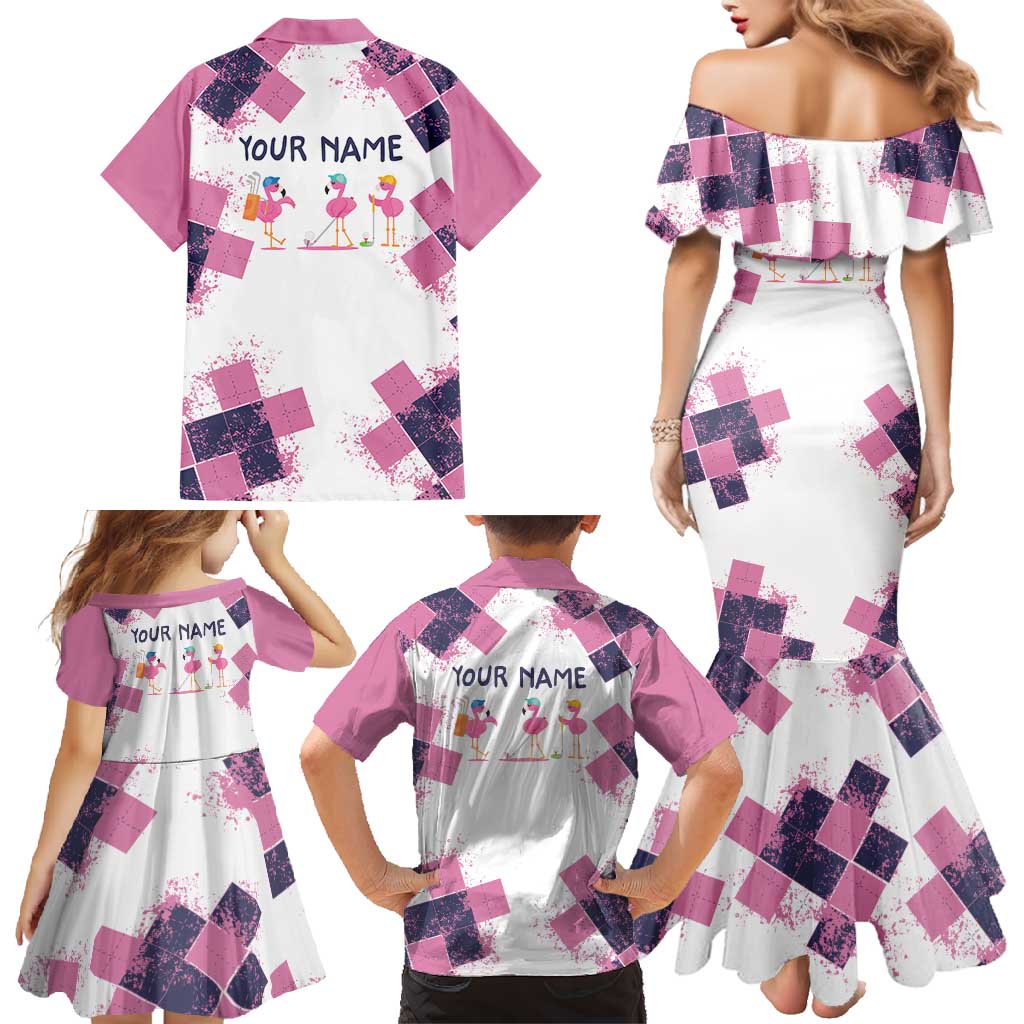 Golf Flamingo Friends Family Matching Mermaid Dress and Hawaiian Shirt Pink Argyle Pattern and Custom Name Text on White and Rose Color Block - Wonder Print Shop