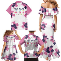 Golf Flamingo Friends Family Matching Mermaid Dress and Hawaiian Shirt Pink Argyle Pattern and Custom Name Text on White and Rose Color Block - Wonder Print Shop
