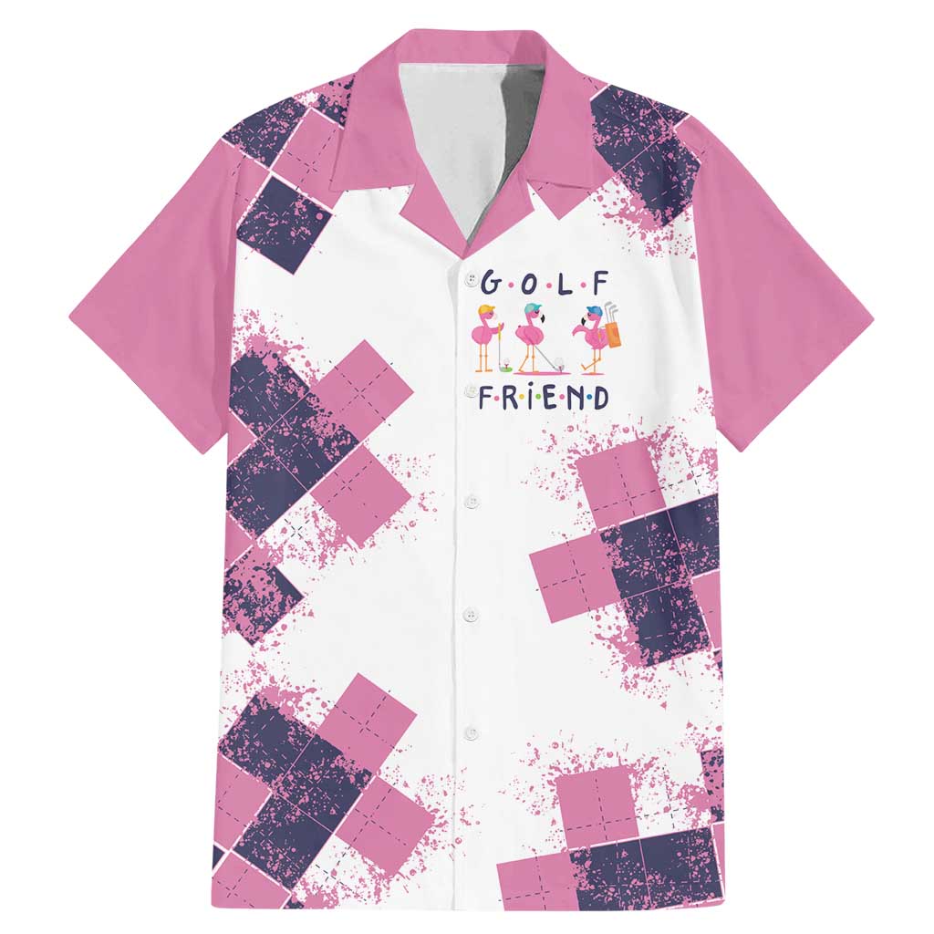 Golf Flamingo Friends Family Matching Mermaid Dress and Hawaiian Shirt Pink Argyle Pattern and Custom Name Text on White and Rose Color Block - Wonder Print Shop