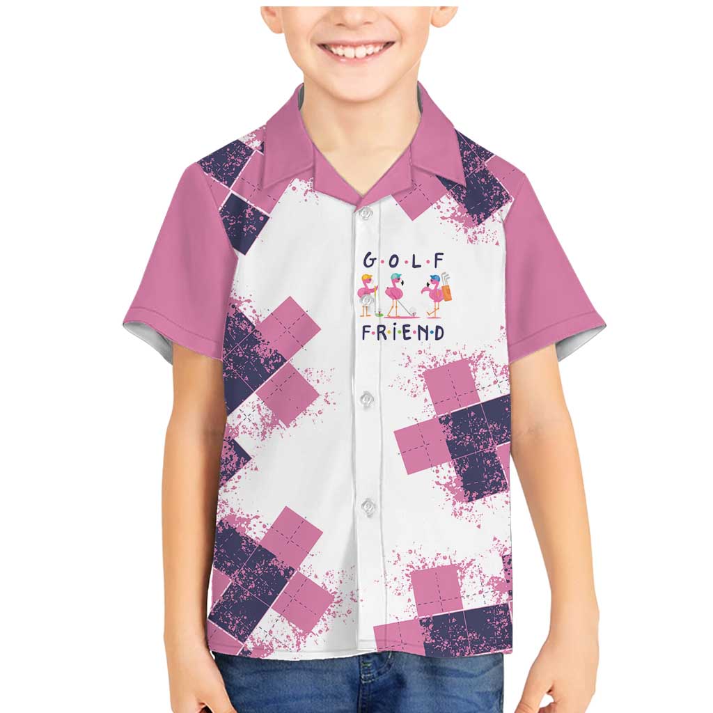 Golf Flamingo Friends Family Matching Mermaid Dress and Hawaiian Shirt Pink Argyle Pattern and Custom Name Text on White and Rose Color Block - Wonder Print Shop