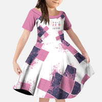 Golf Flamingo Friends Family Matching Off The Shoulder Long Sleeve Dress and Hawaiian Shirt Pink Argyle Pattern and Custom Name Text on White and Rose Color Block - Wonder Print Shop