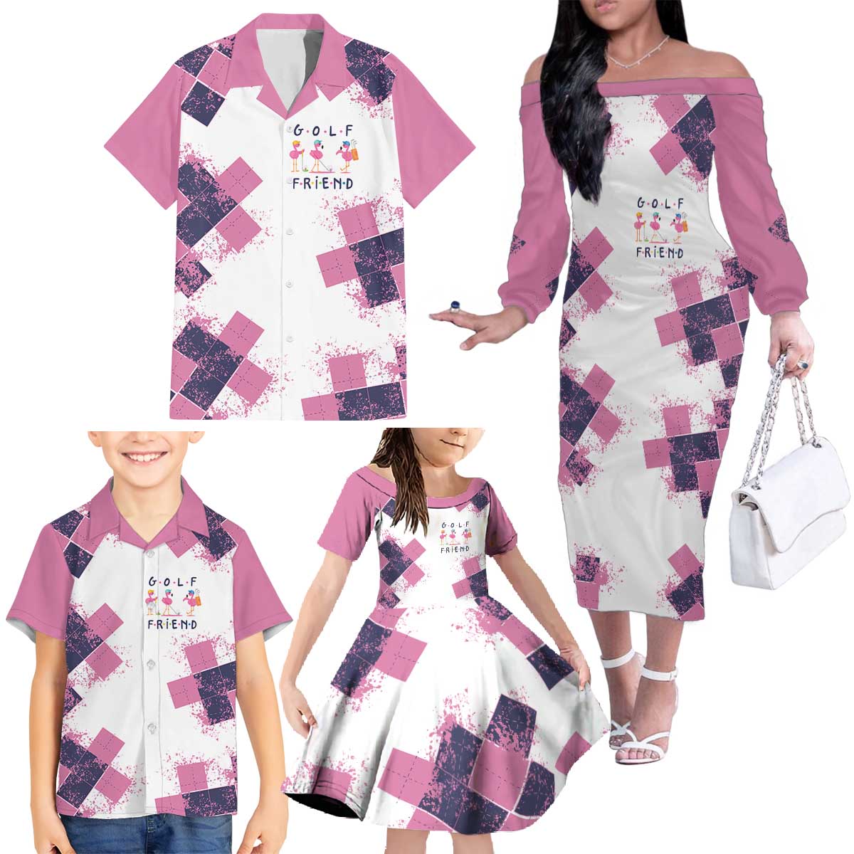 Golf Flamingo Friends Family Matching Off The Shoulder Long Sleeve Dress and Hawaiian Shirt Pink Argyle Pattern and Custom Name Text on White and Rose Color Block - Wonder Print Shop