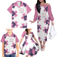 Golf Flamingo Friends Family Matching Off The Shoulder Long Sleeve Dress and Hawaiian Shirt Pink Argyle Pattern and Custom Name Text on White and Rose Color Block - Wonder Print Shop