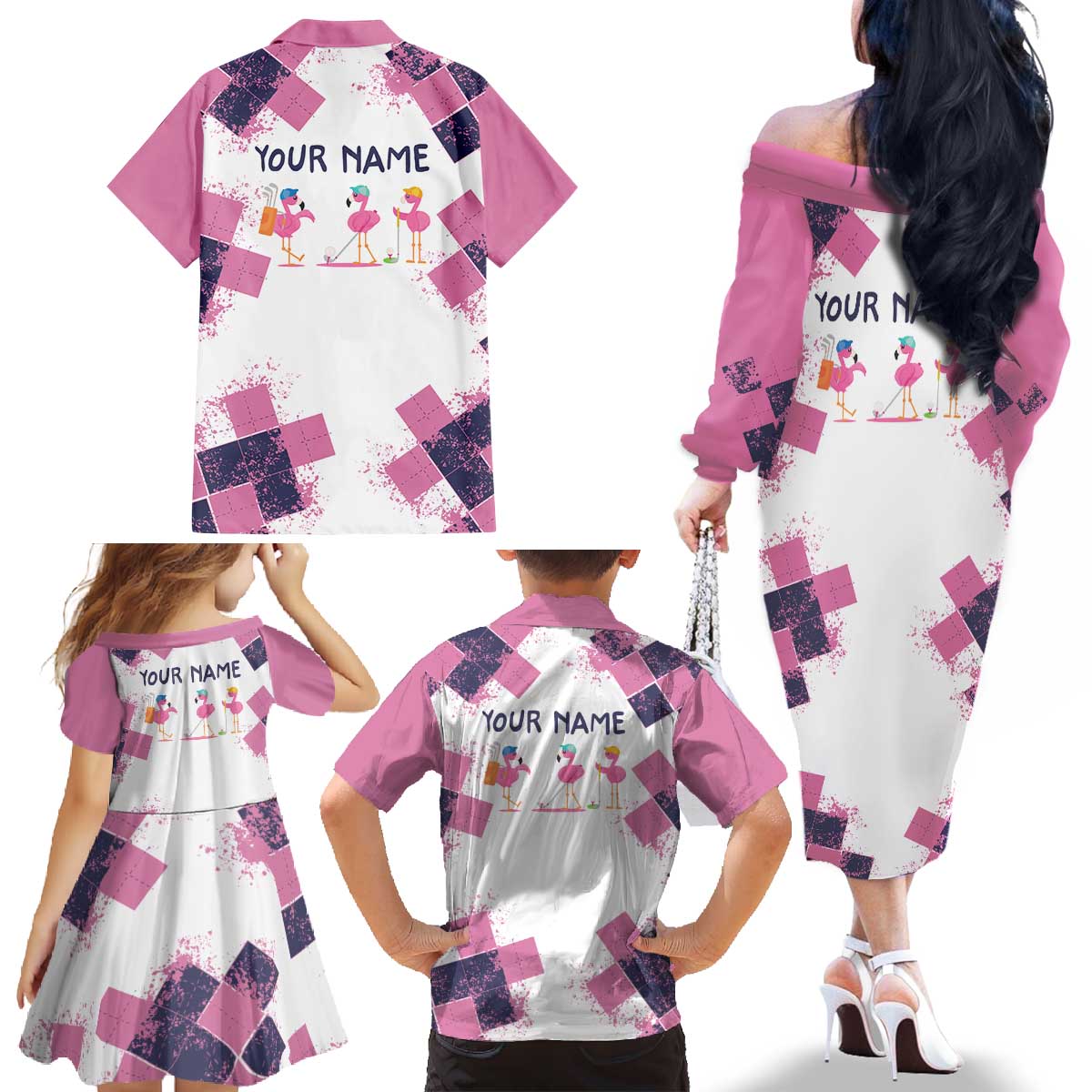 Golf Flamingo Friends Family Matching Off The Shoulder Long Sleeve Dress and Hawaiian Shirt Pink Argyle Pattern and Custom Name Text on White and Rose Color Block - Wonder Print Shop