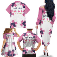 Golf Flamingo Friends Family Matching Off The Shoulder Long Sleeve Dress and Hawaiian Shirt Pink Argyle Pattern and Custom Name Text on White and Rose Color Block - Wonder Print Shop