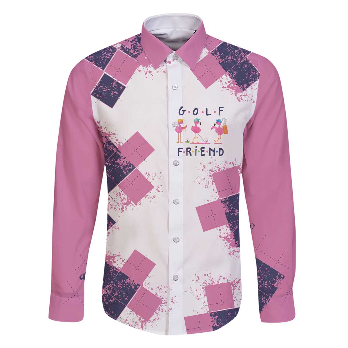 Golf Flamingo Friends Family Matching Off The Shoulder Long Sleeve Dress and Hawaiian Shirt Pink Argyle Pattern and Custom Name Text on White and Rose Color Block - Wonder Print Shop