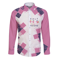 Golf Flamingo Friends Family Matching Off The Shoulder Long Sleeve Dress and Hawaiian Shirt Pink Argyle Pattern and Custom Name Text on White and Rose Color Block - Wonder Print Shop