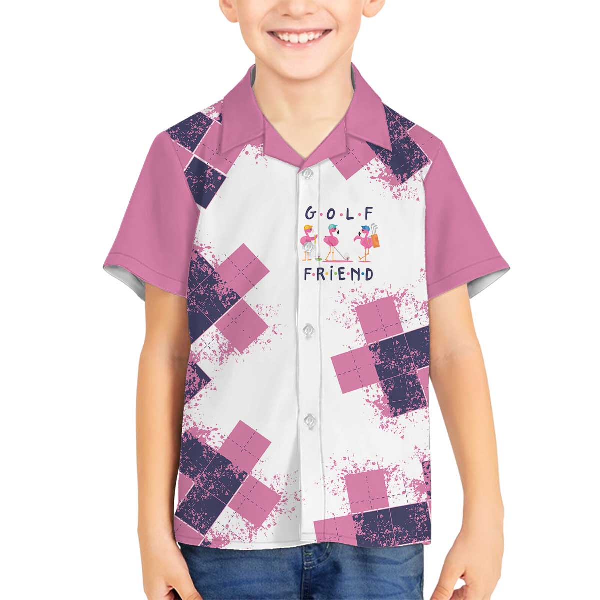 Golf Flamingo Friends Family Matching Off The Shoulder Long Sleeve Dress and Hawaiian Shirt Pink Argyle Pattern and Custom Name Text on White and Rose Color Block - Wonder Print Shop