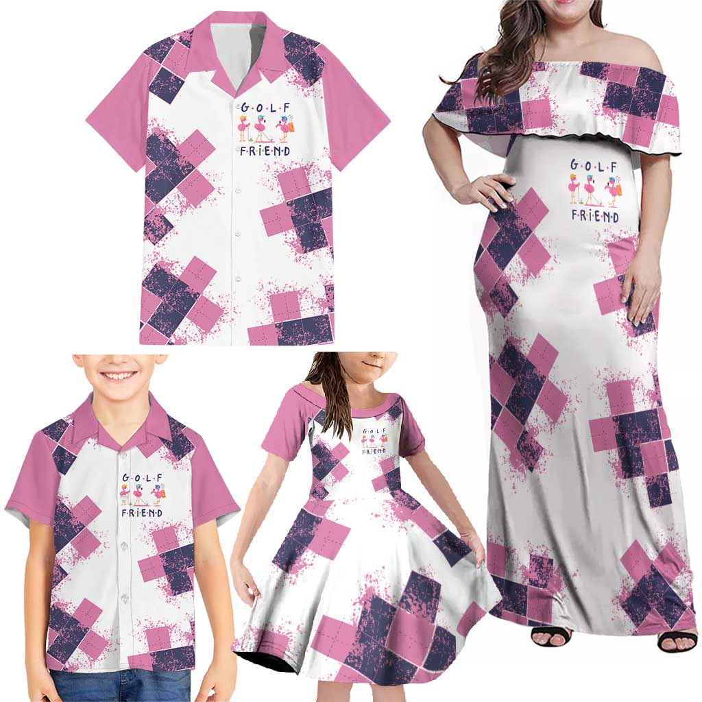 Golf Flamingo Friends Family Matching Off Shoulder Maxi Dress and Hawaiian Shirt Pink Argyle Pattern and Custom Name Text on White and Rose Color Block - Wonder Print Shop