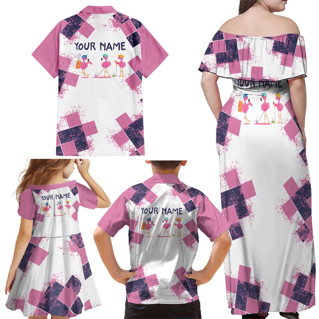 Golf Flamingo Friends Family Matching Off Shoulder Maxi Dress and Hawaiian Shirt Pink Argyle Pattern and Custom Name Text on White and Rose Color Block - Wonder Print Shop