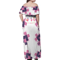 Golf Flamingo Friends Family Matching Off Shoulder Maxi Dress and Hawaiian Shirt Pink Argyle Pattern and Custom Name Text on White and Rose Color Block - Wonder Print Shop