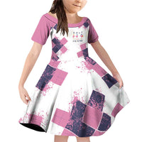 Golf Flamingo Friends Family Matching Off Shoulder Short Dress and Hawaiian Shirt Pink Argyle Pattern and Custom Name Text on White and Rose Color Block - Wonder Print Shop