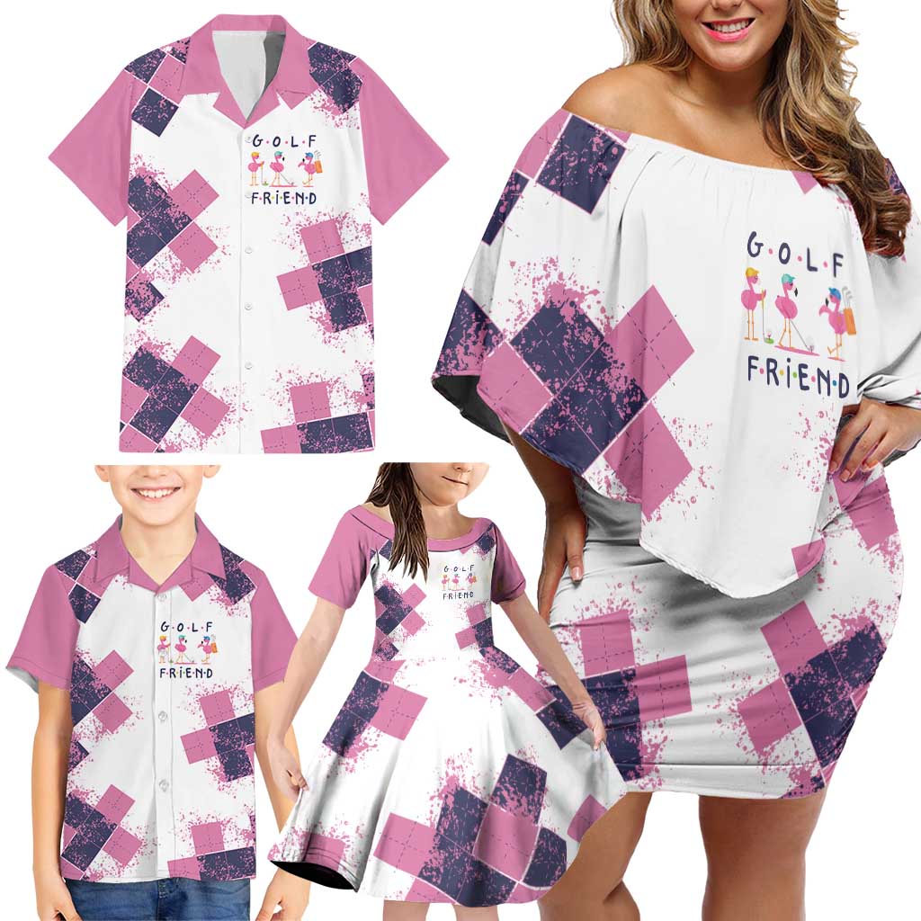 Golf Flamingo Friends Family Matching Off Shoulder Short Dress and Hawaiian Shirt Pink Argyle Pattern and Custom Name Text on White and Rose Color Block - Wonder Print Shop