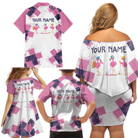 Golf Flamingo Friends Family Matching Off Shoulder Short Dress and Hawaiian Shirt Pink Argyle Pattern and Custom Name Text on White and Rose Color Block - Wonder Print Shop