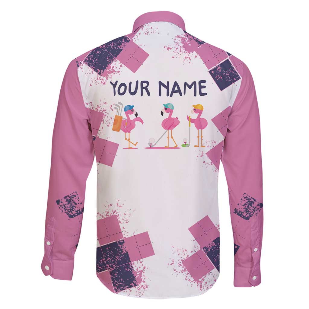 Golf Flamingo Friends Family Matching Off Shoulder Short Dress and Hawaiian Shirt Pink Argyle Pattern and Custom Name Text on White and Rose Color Block - Wonder Print Shop