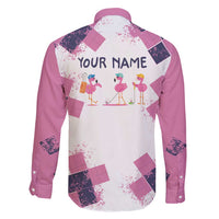 Golf Flamingo Friends Family Matching Off Shoulder Short Dress and Hawaiian Shirt Pink Argyle Pattern and Custom Name Text on White and Rose Color Block - Wonder Print Shop