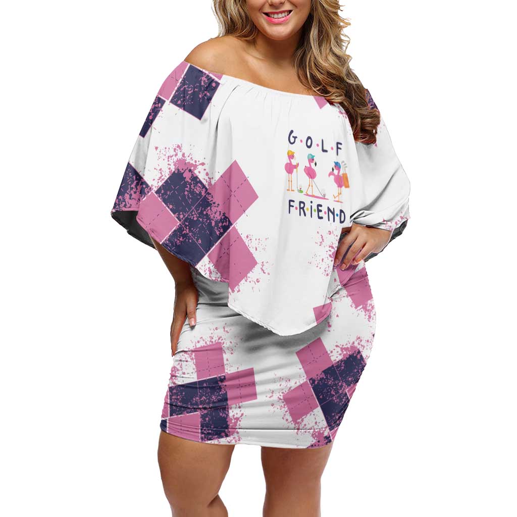 Golf Flamingo Friends Family Matching Off Shoulder Short Dress and Hawaiian Shirt Pink Argyle Pattern and Custom Name Text on White and Rose Color Block - Wonder Print Shop