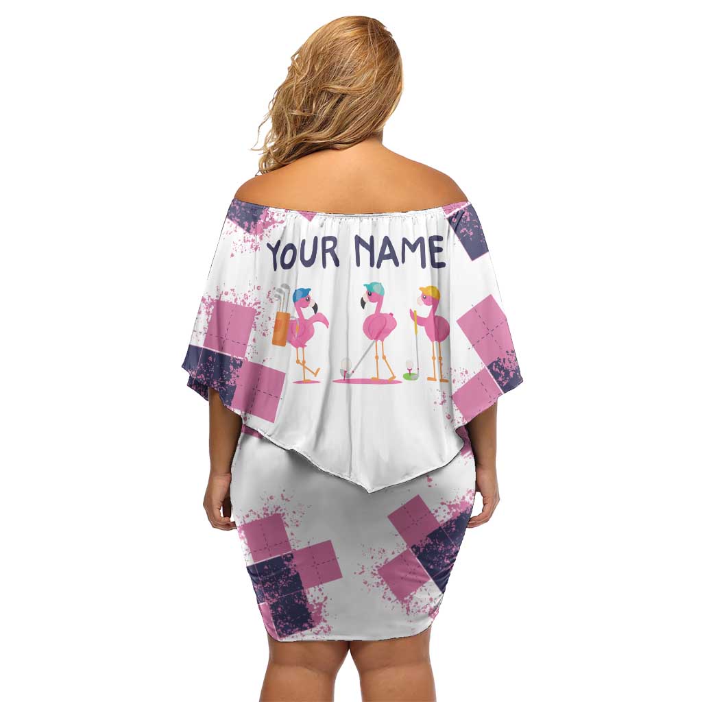 Golf Flamingo Friends Family Matching Off Shoulder Short Dress and Hawaiian Shirt Pink Argyle Pattern and Custom Name Text on White and Rose Color Block - Wonder Print Shop