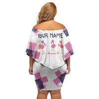 Golf Flamingo Friends Family Matching Off Shoulder Short Dress and Hawaiian Shirt Pink Argyle Pattern and Custom Name Text on White and Rose Color Block - Wonder Print Shop