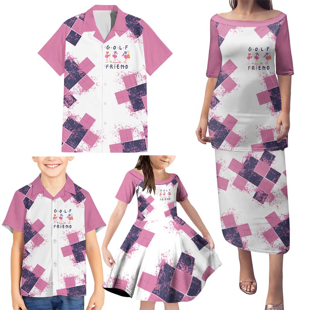 Golf Flamingo Friends Family Matching Puletasi and Hawaiian Shirt Pink Argyle Pattern and Custom Name Text on White and Rose Color Block - Wonder Print Shop