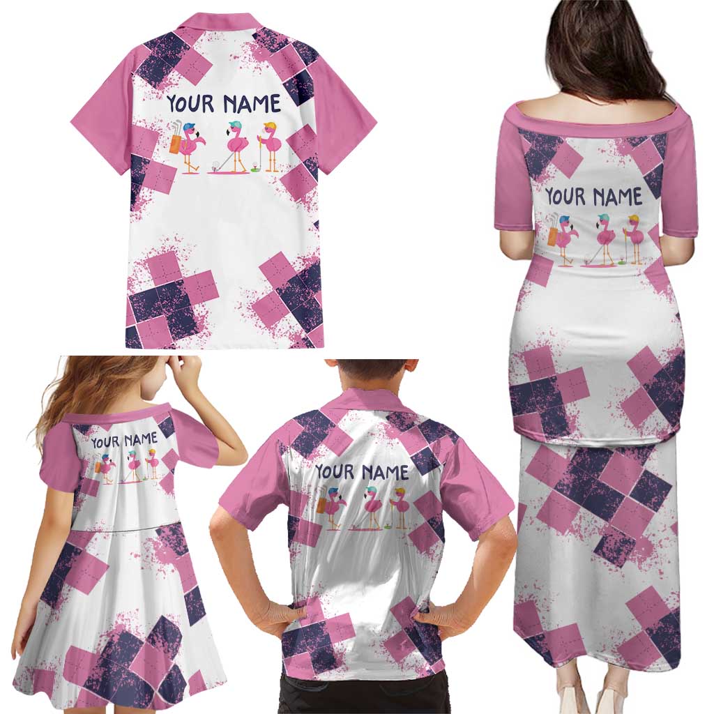 Golf Flamingo Friends Family Matching Puletasi and Hawaiian Shirt Pink Argyle Pattern and Custom Name Text on White and Rose Color Block - Wonder Print Shop