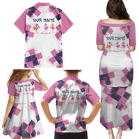 Golf Flamingo Friends Family Matching Puletasi and Hawaiian Shirt Pink Argyle Pattern and Custom Name Text on White and Rose Color Block - Wonder Print Shop
